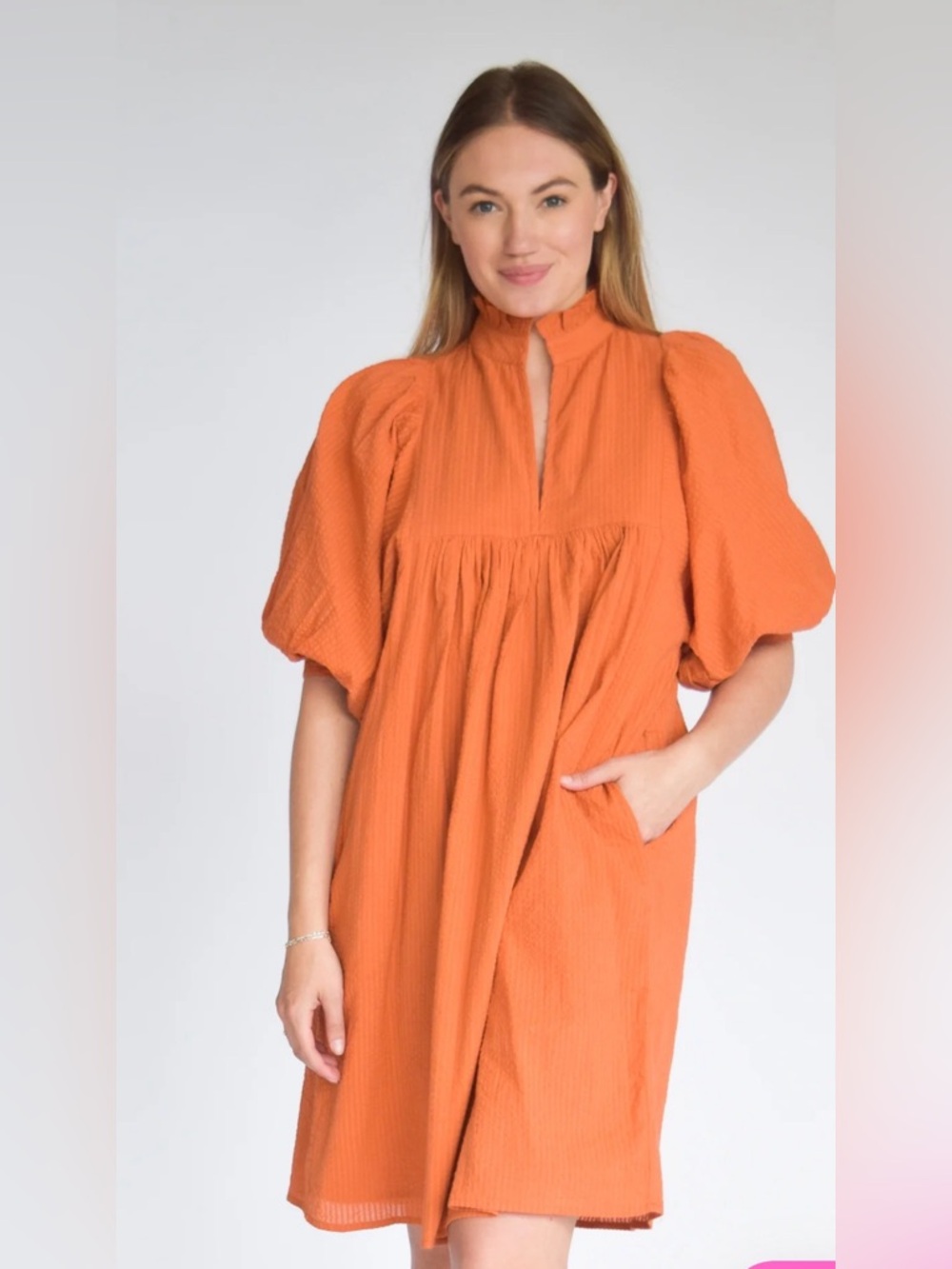 Never A Wallflower Orange High Neck cotton seersucker Dress Pockets Lined Sz XS